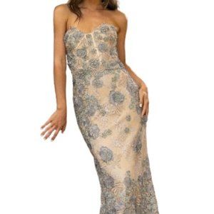 Terani Couture Floral Embellished Gown in Blue and Cream